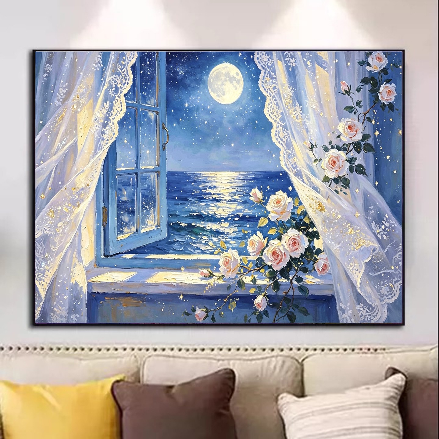 DIY树脂方钻满钻钻石画横版纱帘月季花窗前海上升明月贴钻钻石绣