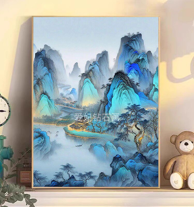 古风DIY方钻满钻钻石画贴钻钻石绣千里江山图山间河流旁的小村庄图片