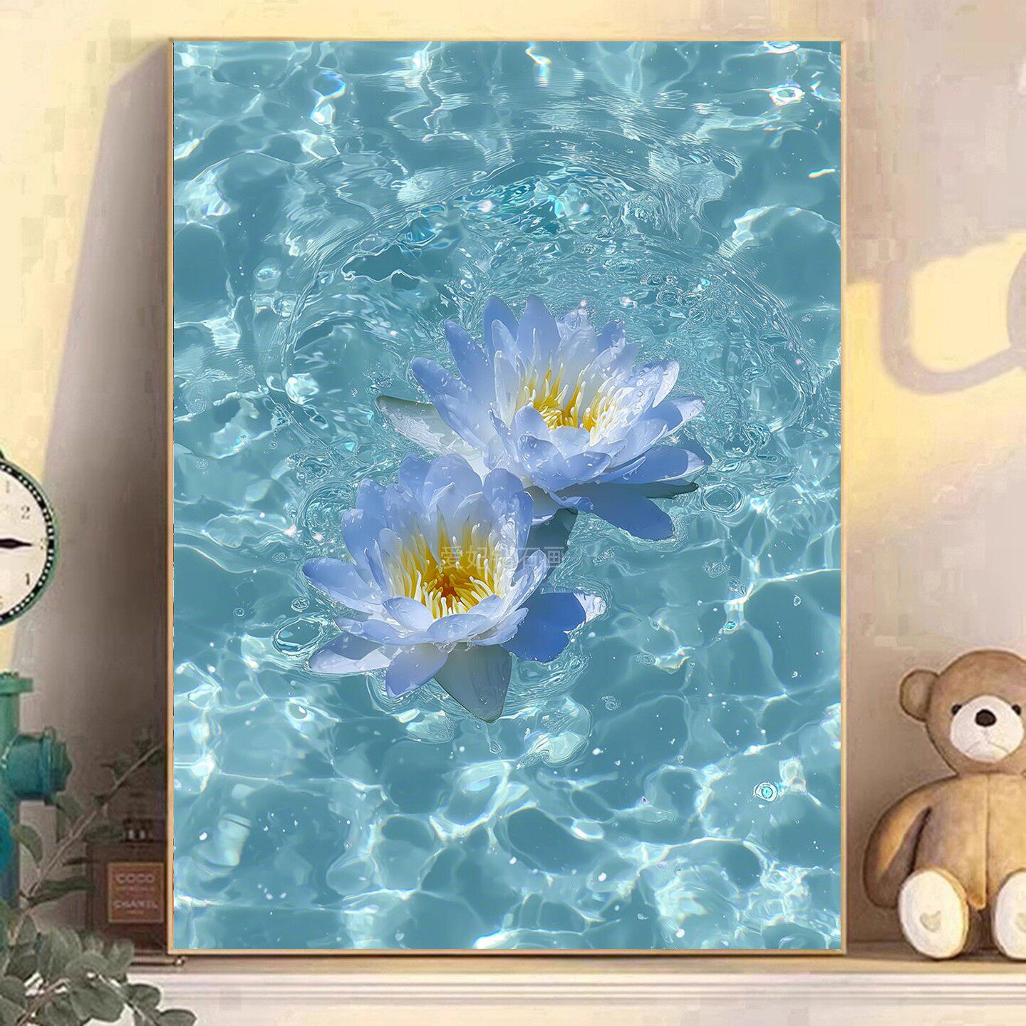 DIY树脂方钻满钻钻石画透明果冻蓝色水中蓝莲花贴钻钻石绣带钻
