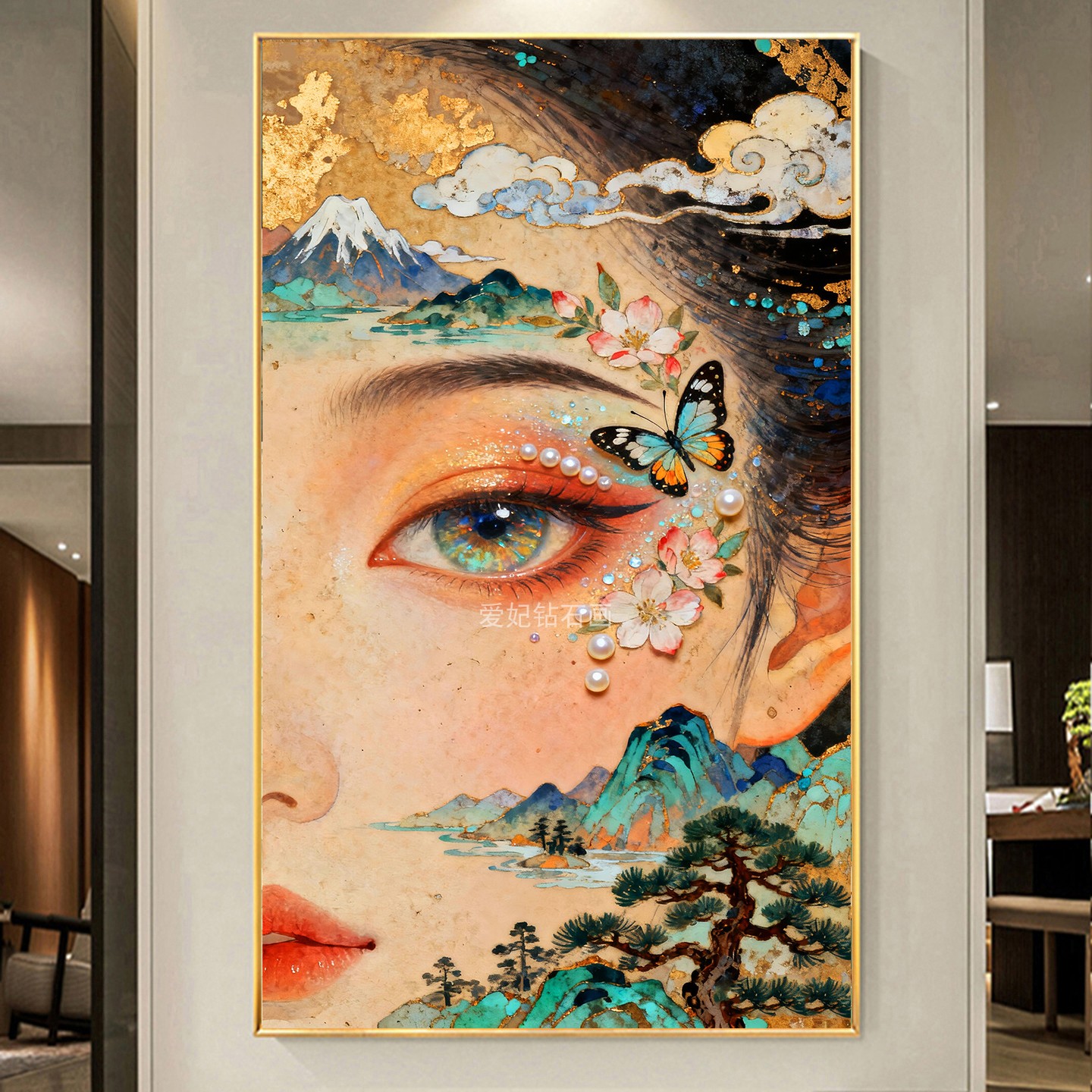 DIY手工贴钻点钻树脂钻石画砖石绣带钻古风山川半面美女蝴蝶玄关