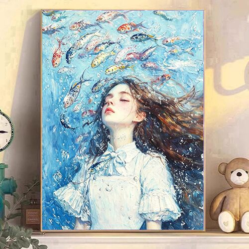 韩系DIY树脂方钻满钻钻石画海水鱼群自由的少女手工粘贴钻钻石绣