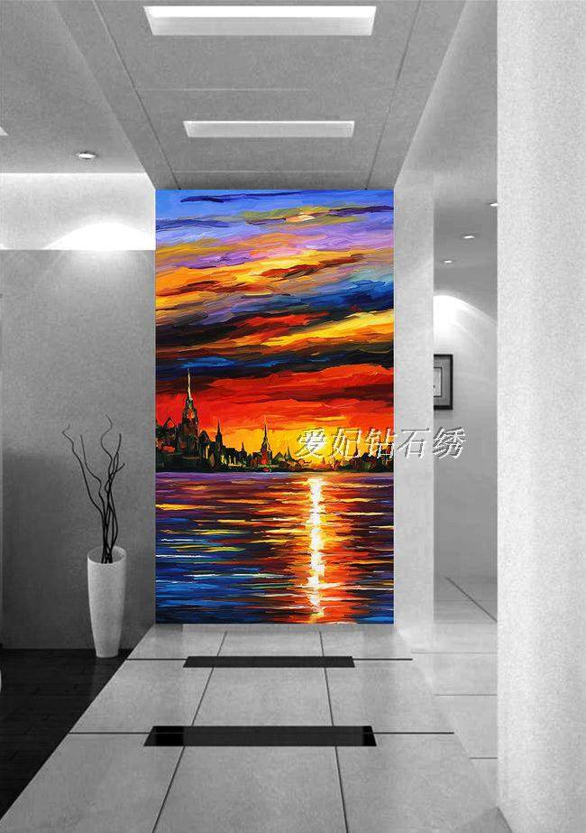 2021现代过道走廊玄关点钻十字绣满贴钻石画抽象油画海边日出竖版,居家布艺,钻石绣,淘宝优惠券,粉丝福利购,淘宝优惠卷