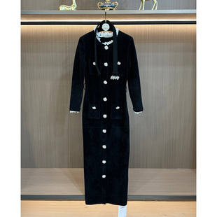 秋冬黑色法式 过膝针织连衣裙 拼接蕾丝边钻扣气质显瘦收腰小香长款