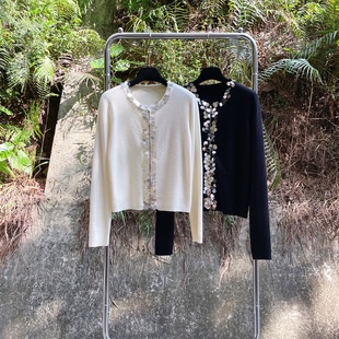 韩系 打底衫 2色 圆领软糯针织开衫 手工亮片双拉链头长袖 秋冬新款