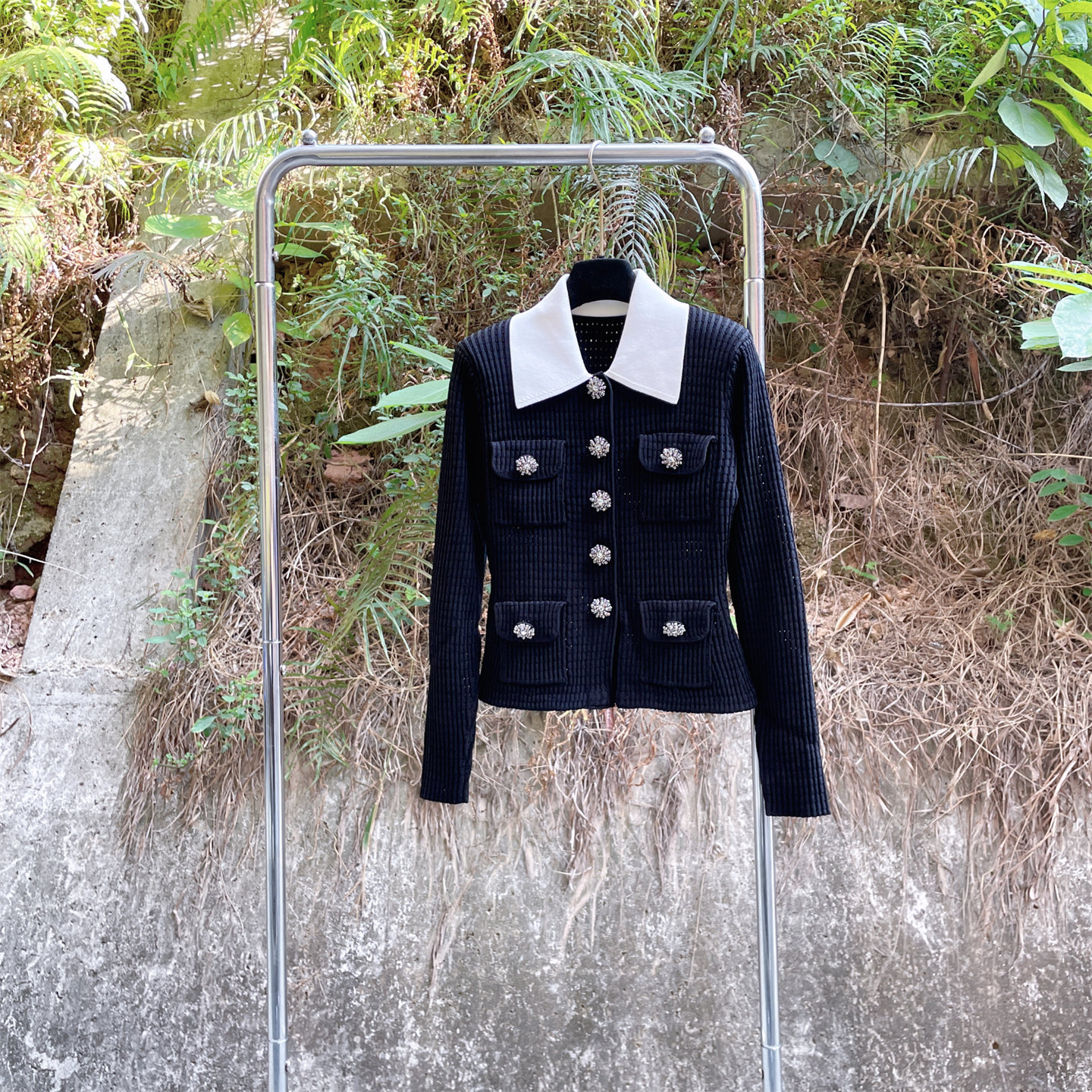 重工气质名媛小香拼色翻领修身显瘦珠扣针织开衫长袖上衣秋冬新款