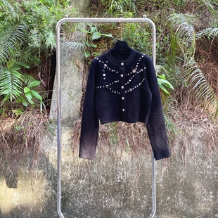 小众气质百搭外套 小香风重工珠子链条圆领针织开衫 法式 浪漫秋季