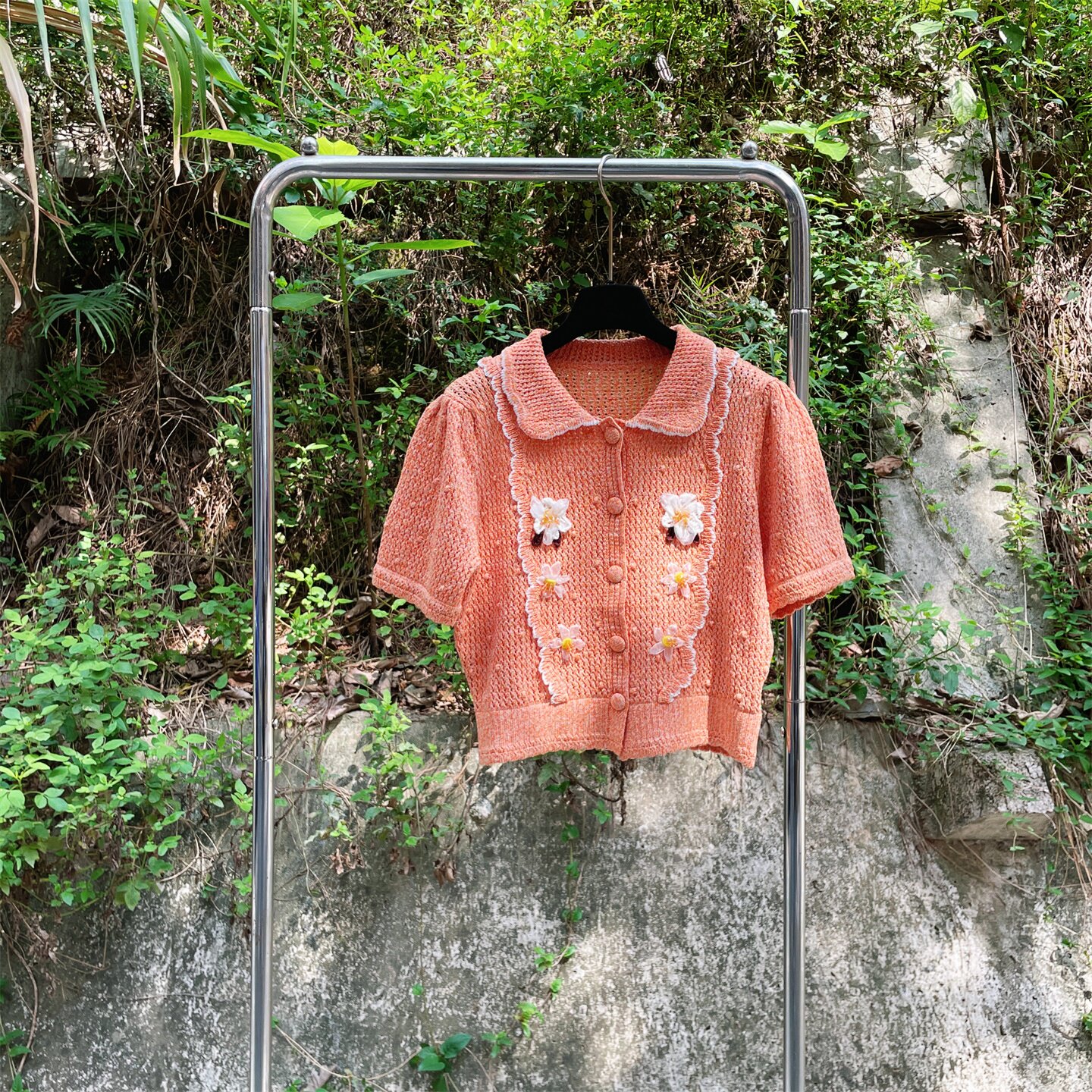 日系甜美粉橘色娃娃领立体手工钩花刺绣短袖针织开衫短款上衣