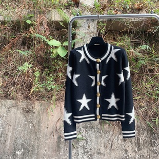 长袖 五角星提花针织开衫 短外套 气质带垫肩金属狮头扣轻奢修身 时尚