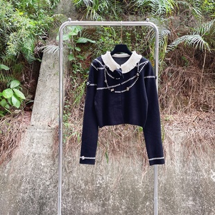 设计感提花订钻撞色木耳领蝴蝶结短外套 25秋冬款 法式 名媛针织开衫