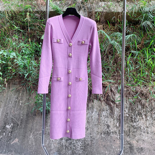 巴家针织连衣裙女025年秋季 过膝包臀中长裙 新V领收腰显瘦气质长袖