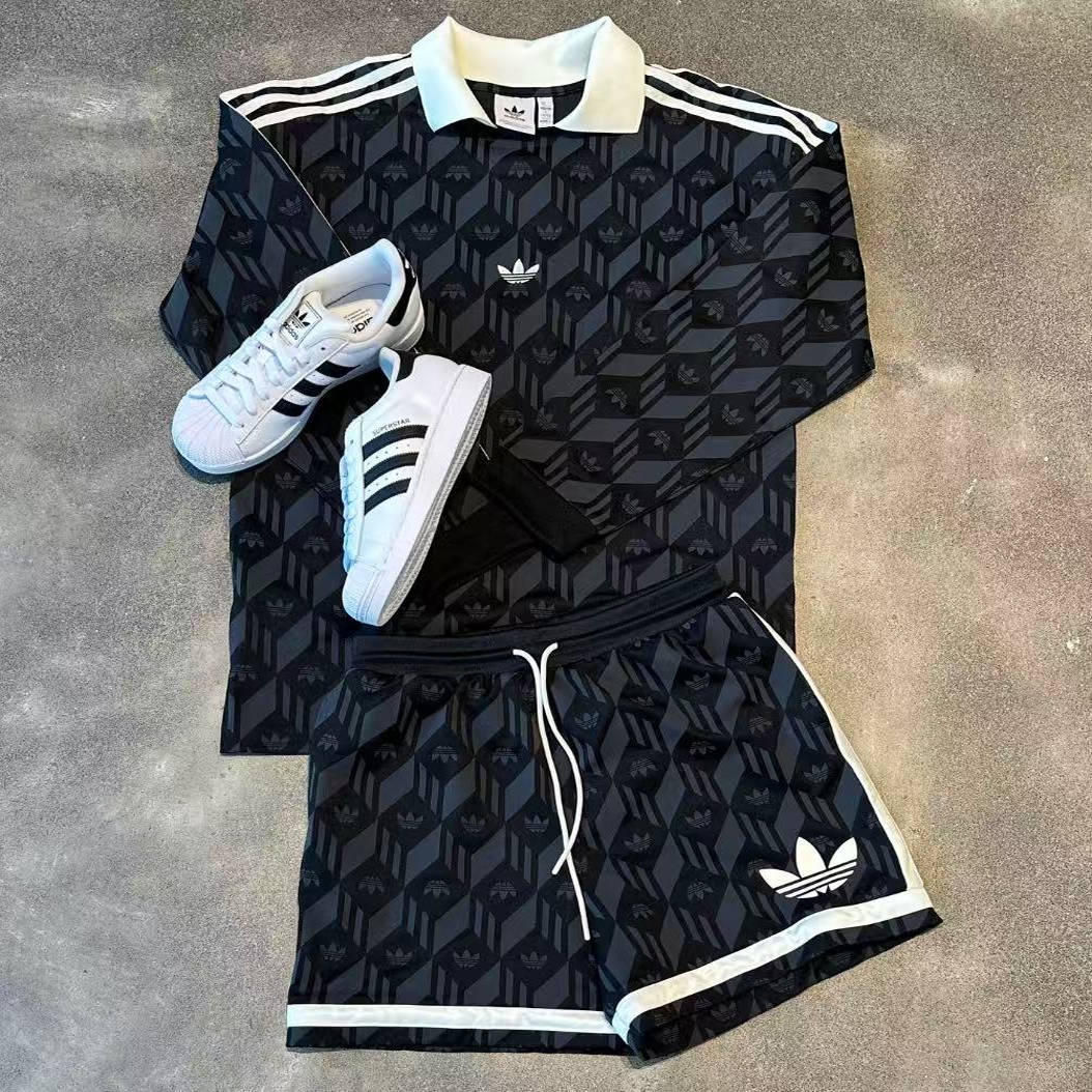 adidas阿迪达斯运动三叶草满印2025中性长袖POLO衫JD5196/JD5195
