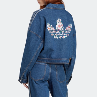 三叶草女士运动休闲刺绣花卉logo牛仔夹克外套IP3767 Adidas