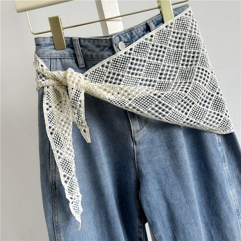 蕾丝屁帘叠穿牛仔裤三角巾腰带