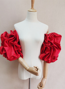 新款婚纱袖子红色白色黑色可拆卸褶皱泡泡袖显瘦遮手臂袖子厚缎