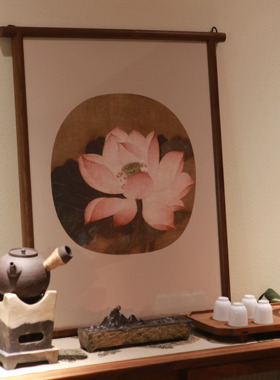黑胡桃木荷花挂轴画新中式工笔画植物花卉古风禅意玄关茶室书房画