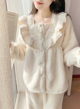 BIEN公主风睡衣女2025年冬季甜美可爱家居服加绒加厚可外穿珊瑚绒