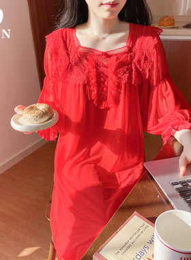 BIEN红色马年睡裙女2026新款公主宫廷风家居服本命年过年结婚晨袍