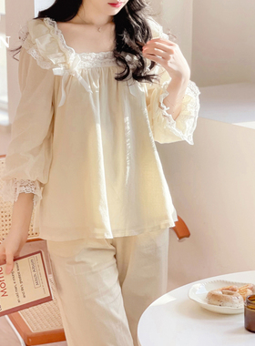 BIEN带胸垫纯棉宫廷风睡衣女春秋季甜美可爱公主风家居服套装法式