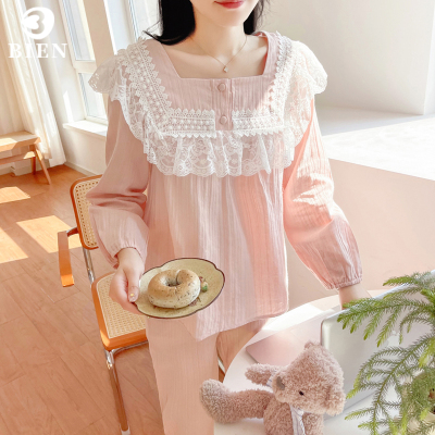 女提花棉松紧花边袖口睡衣套装