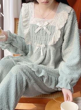 BIEN睡衣女冬季甜美可爱公主宫廷风家居服少女加绒加厚珊瑚绒保暖