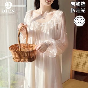 BIEN带胸垫宫廷风睡裙女春秋季法式高级感公主风蕾丝睡衣性感长裙