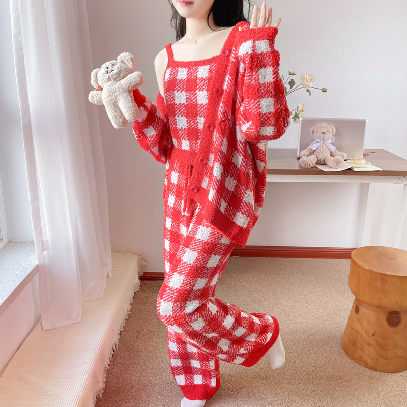 格子图案半边绒睡衣套装女