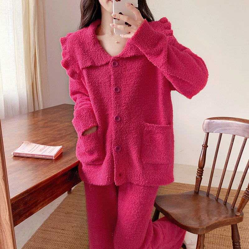 BIEN本命年睡衣女生甜美睡袍玫红家居服半边绒冬季加厚可外穿新款