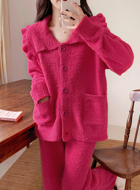 BIEN本命年睡衣女生甜美睡袍玫红家居服半边绒冬季加厚可外穿新款