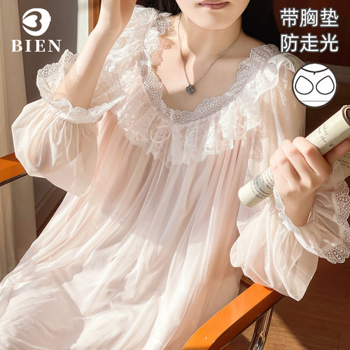 BIEN带胸垫网纱睡裙女长袖可爱