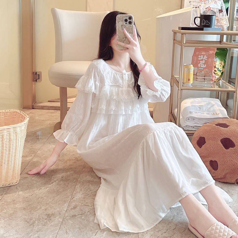 BIEN纯棉睡裙女夏季新款甜美可爱公主宫廷风家居服可外穿长裙白色