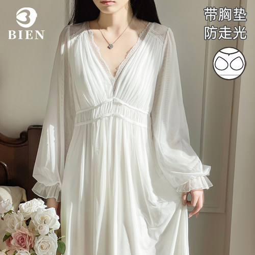 BIEN带胸垫法式白色网纱V领睡裙