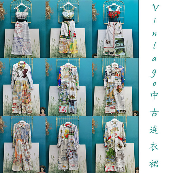 vintage中古着尖货孤品纯棉卡通插画画报复古套裙连体裤remade33