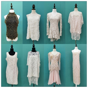 1920s美国手工钉珠vintage中古着孤品复古真丝蕾丝礼服连衣裙35