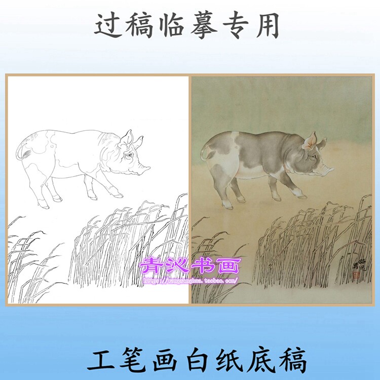 d63猪生肖工笔画白描底稿实物打印线描画稿吉祥动物条幅