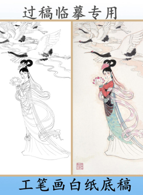 白描底稿莲花图仕女过稿临摹条幅