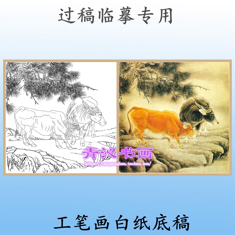 D71牛十二生肖动物工笔画白描底稿线描勾线临摹过稿白纸画稿斗方