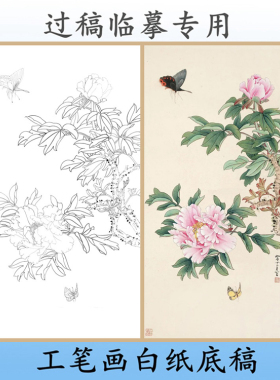 工笔画白描底稿俞致贞牡丹条幅