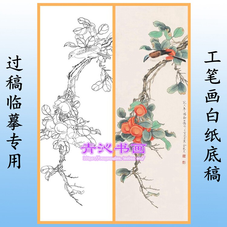 n201俞致贞事事如意柿子小鸟花鸟工笔画白描白纸底稿线描画稿条幅