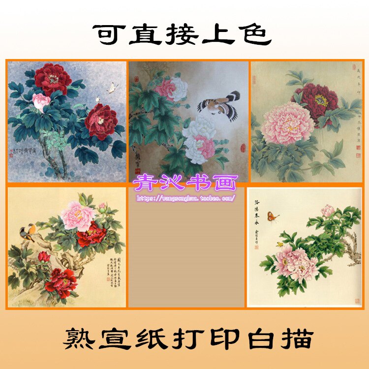 M49王庆升俞致贞牡丹工笔画白描底稿熟宣纸线描可直接上色斗方