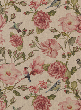 GIRONES进口西班牙田园花鸟粉色红色紫色蓝色窗帘沙发布软装面料