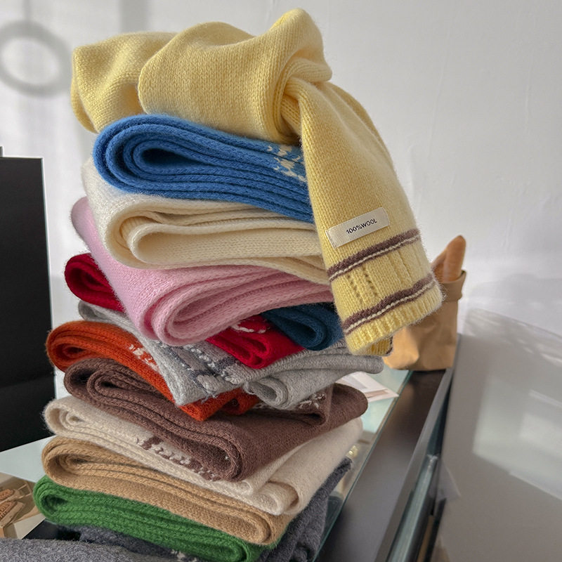 100%羊毛纯色围巾女秋冬季百搭高级感围巾女时尚条纹拼接针织围巾