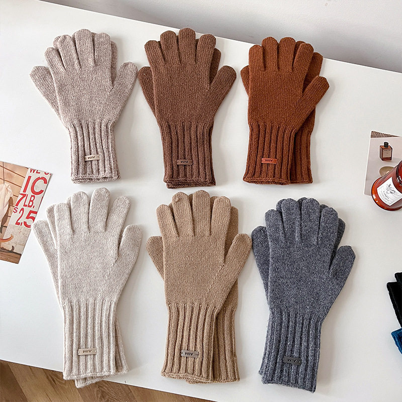 wool澳洲纯羊毛复古保暖针织纯色手套秋冬纯色五指护手可触屏百搭