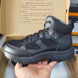 舰艇作训鞋夏季男超轻透气网面甲板训练鞋黑色侧拉链高帮鞋舰艇靴