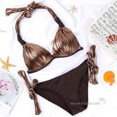 绑带亮色大胸比基尼金色性感比坚尼泳衣挂脖bikini泳装 韩版 三点式