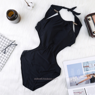 出口欧美温泉显瘦连体泳衣大胸黑色遮肚bikini露背性感女运动泳装