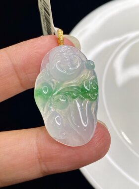 翡翠批发天然A货冰种佛公辣绿吊坠冰种飘花自在佛18k金镶嵌站佛