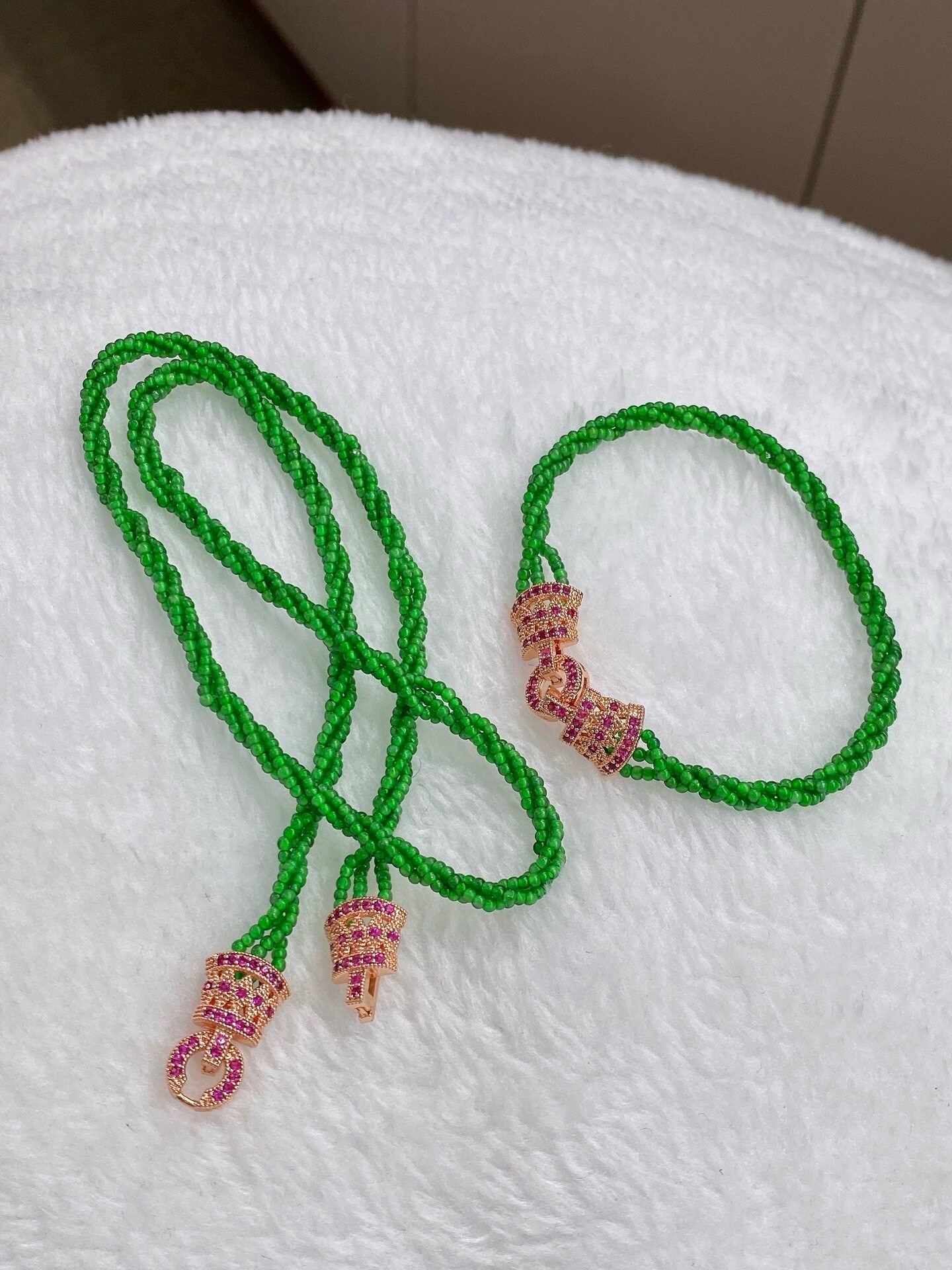 天然A货翡翠小米珠项链翡翠麻花链扭扭链套装辣阳绿帝王绿满绿