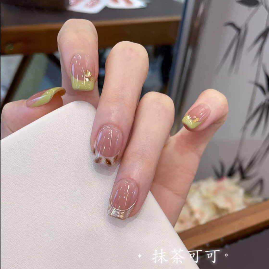 【抹茶可可】腮红建构芥末绿法式纯手工穿戴甲高级感持久美甲片新