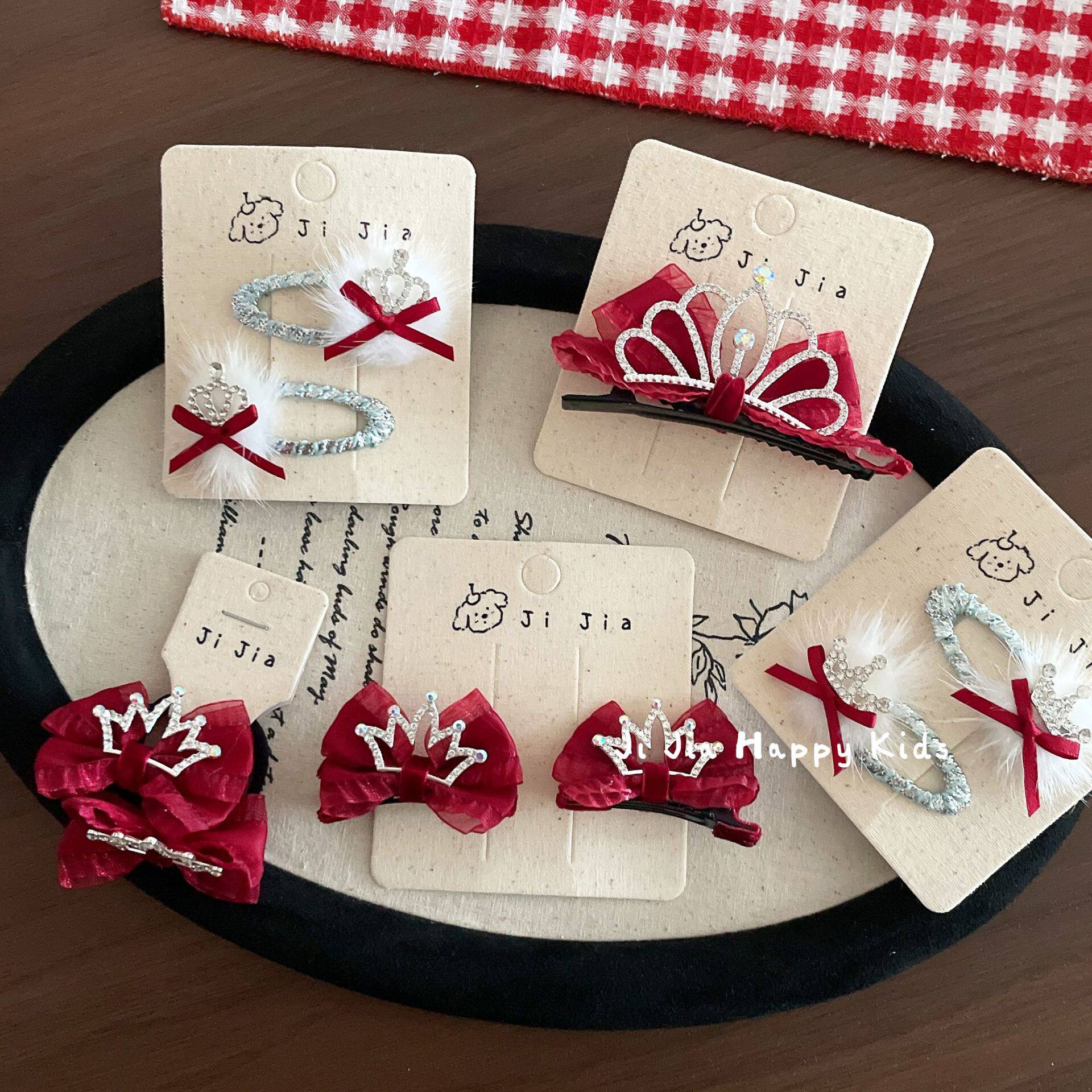 气质新年水钻皇冠发夹甜美网纱蝴蝶结顶夹秋冬毛绒球球BB夹红头饰