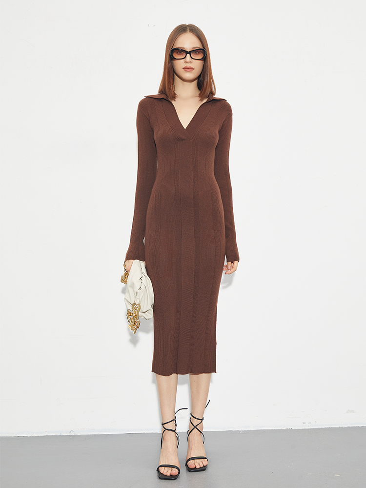 Boss Z careful design sense wool dress women's self-cultivation spread collar commuting sexy retro style dress women